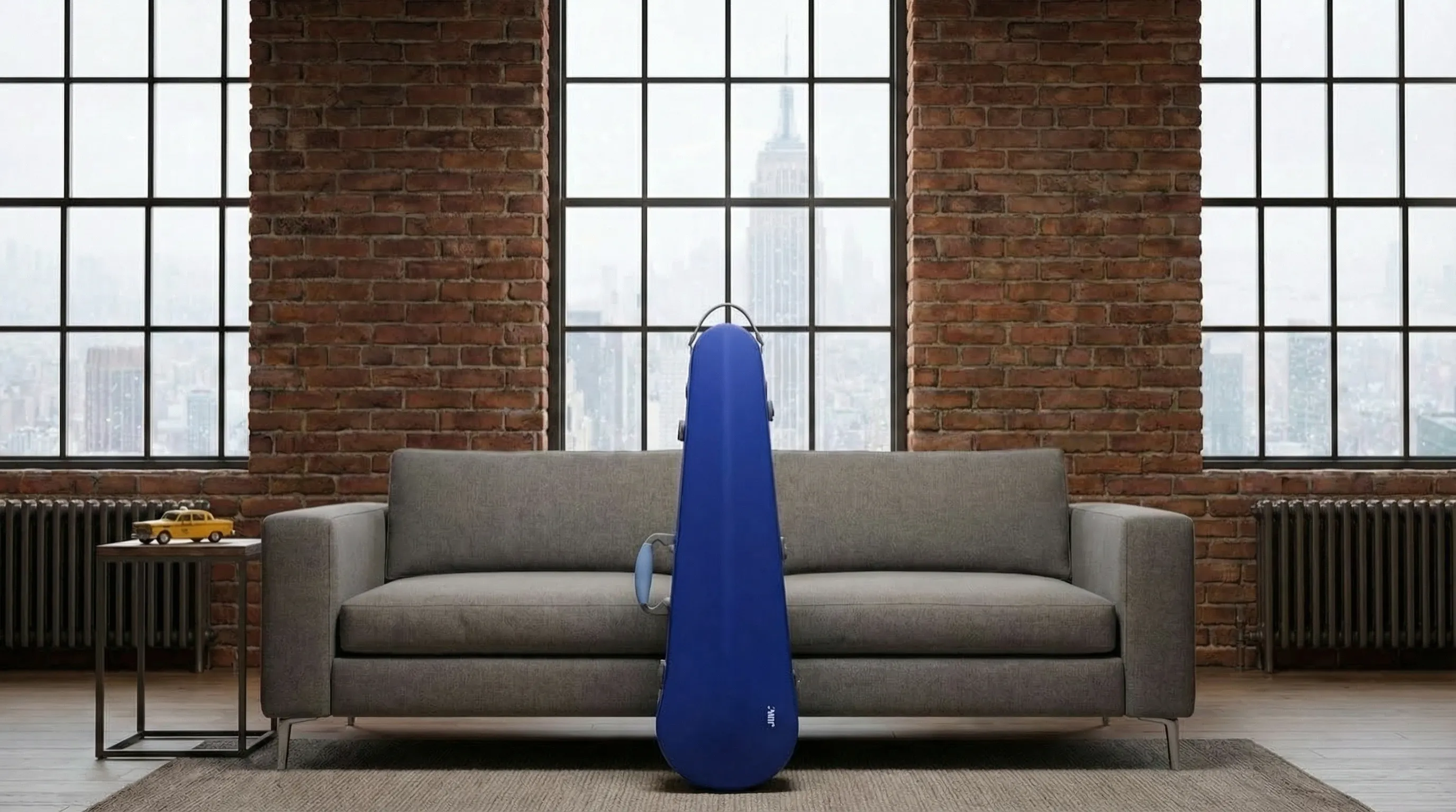 JML blue violin case in a New York loft