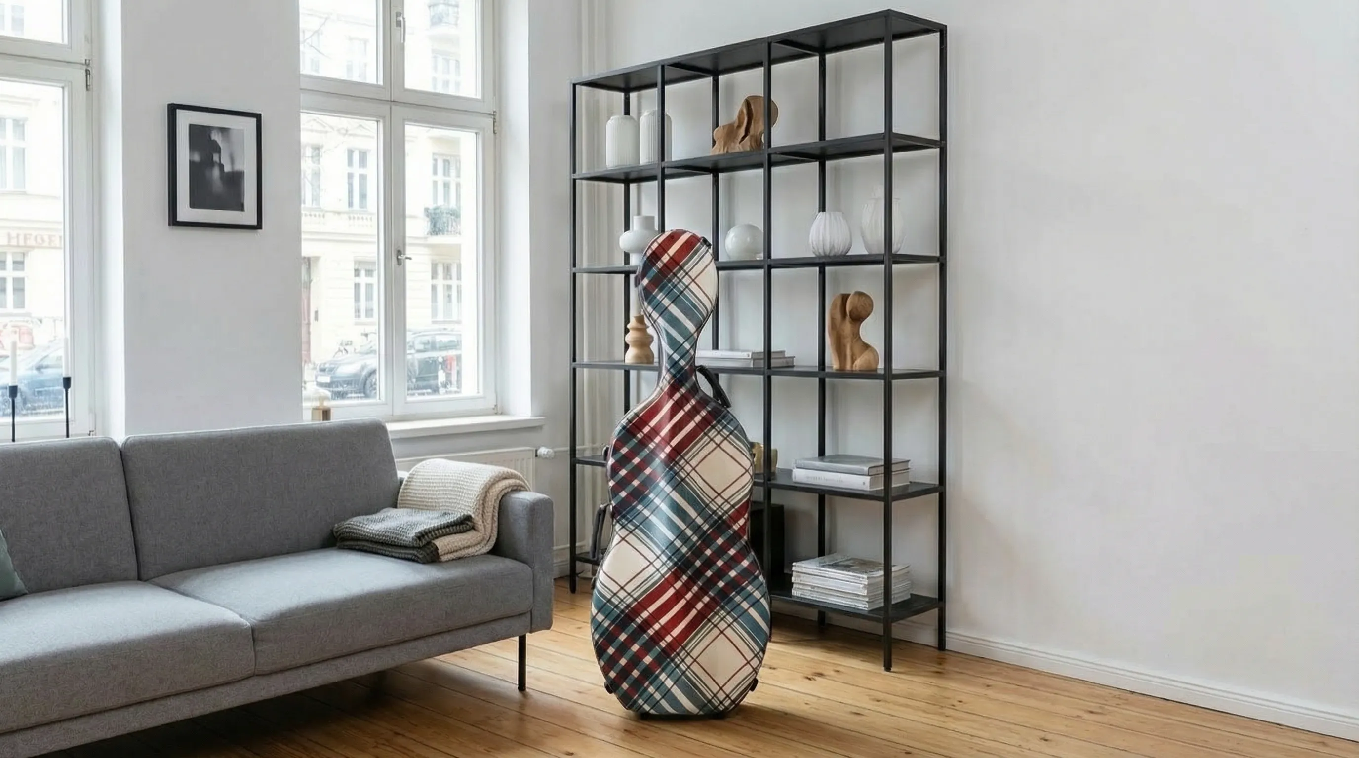 Cellist with JML case in an elegant setting