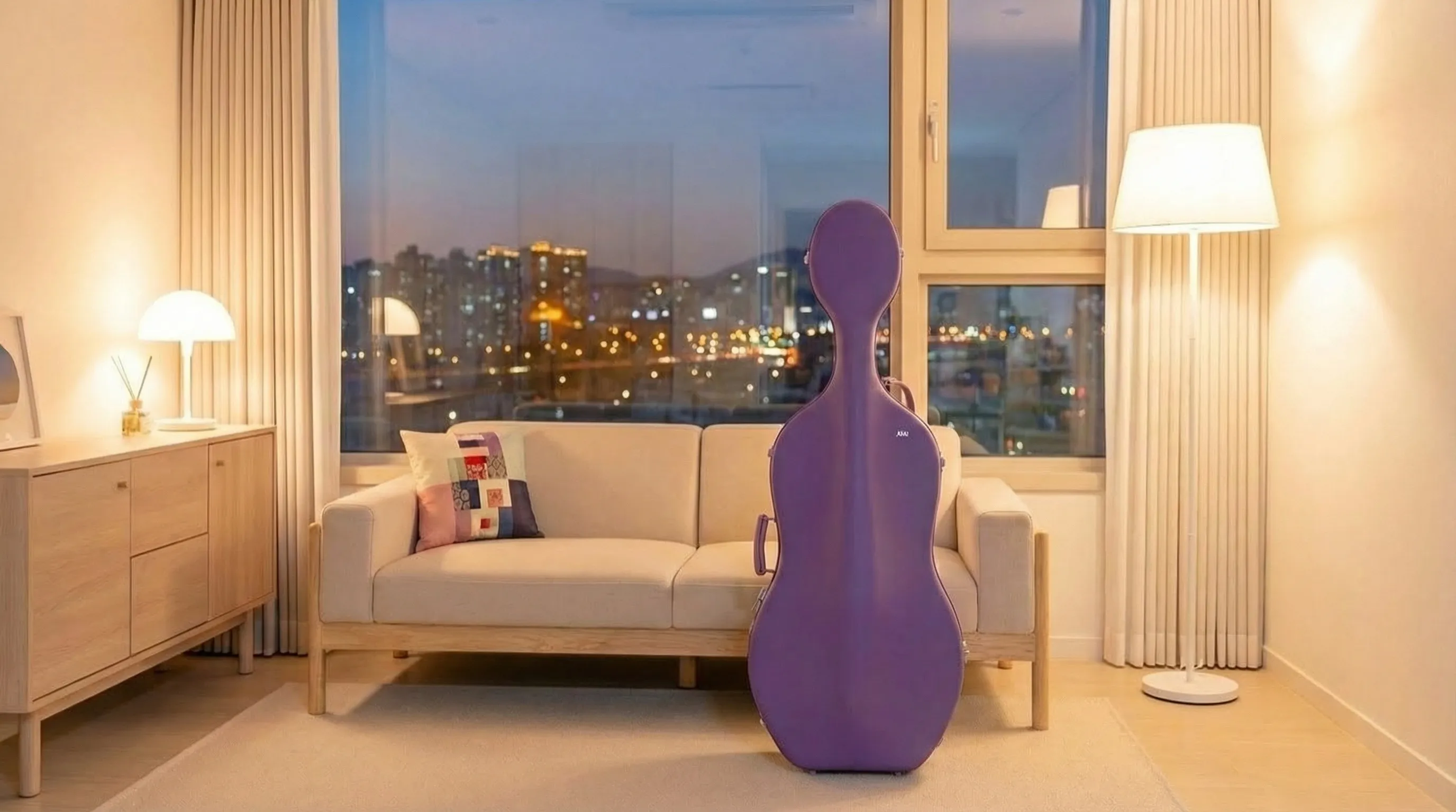 Purple JML cello case in a city apartment at night