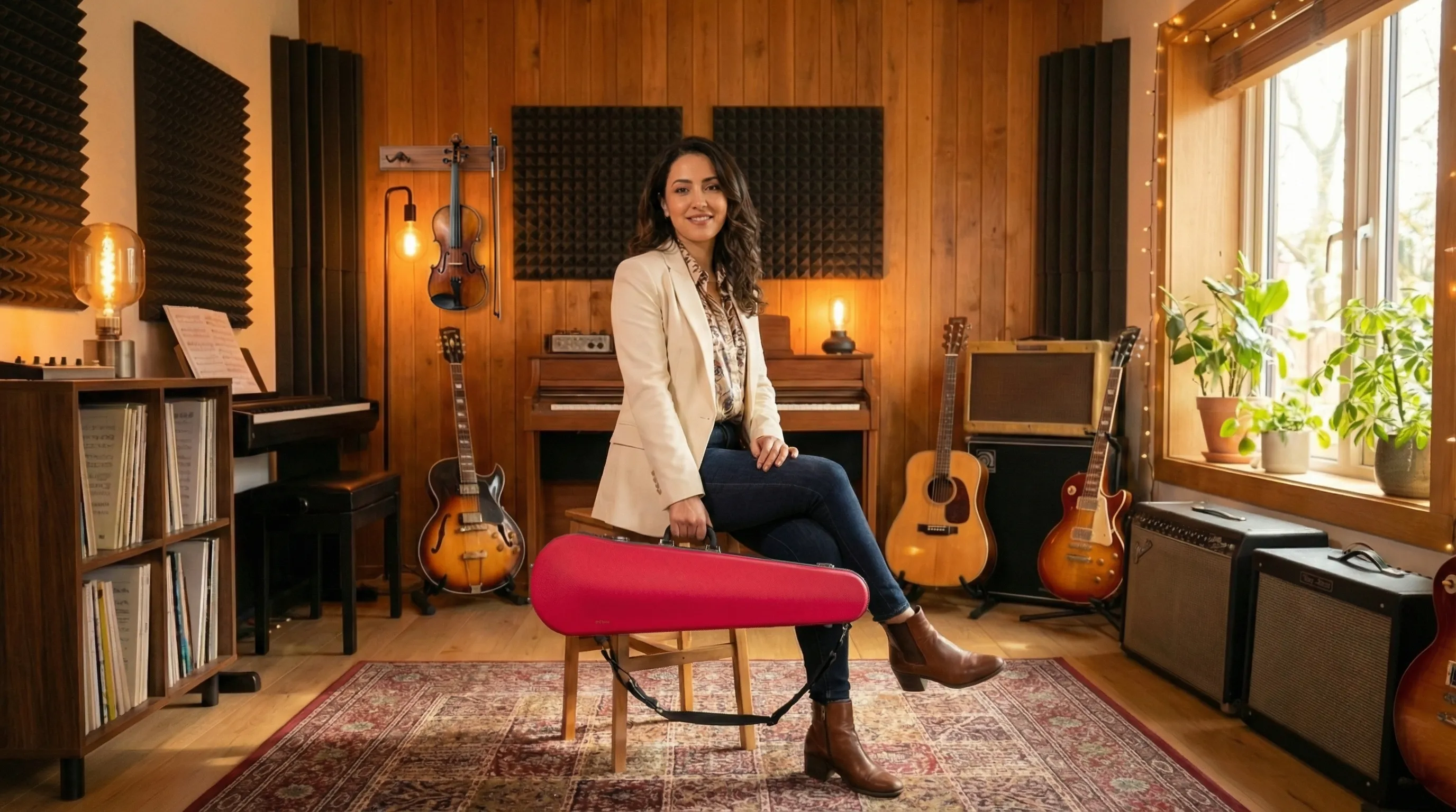 Musician in studio with JML red violin case